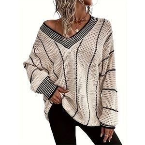 [Comfy Sweater] Casual Comfy Striped V Neck Oversized Sweater | Women's Long Sle